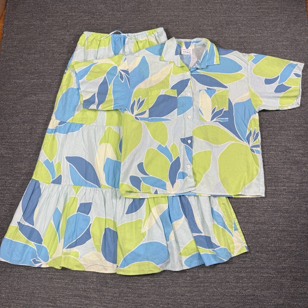 Sabo Linen Blend Set Women Medium Aviva Skirt Button Up Top Floral Resort Beach